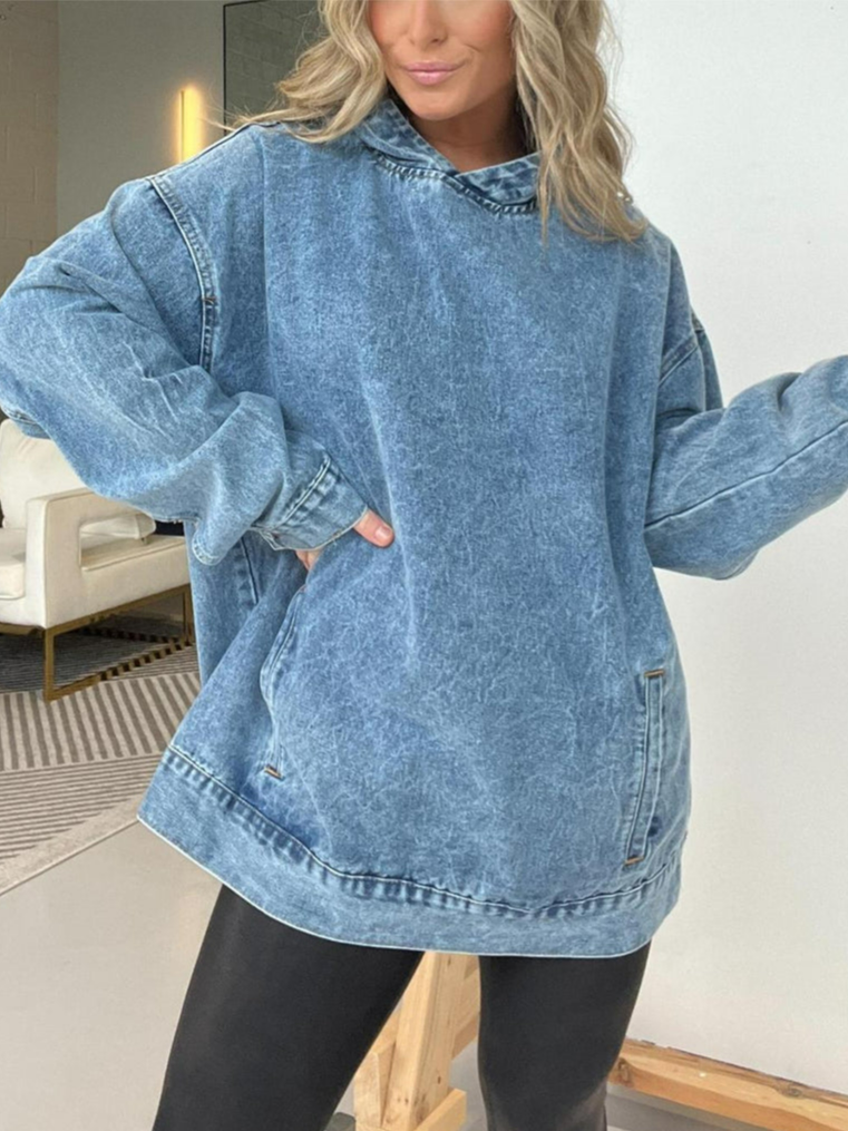 Damen Unifarben Frühling/Herbst Denim Langarm Lässig Täglich Kapuze