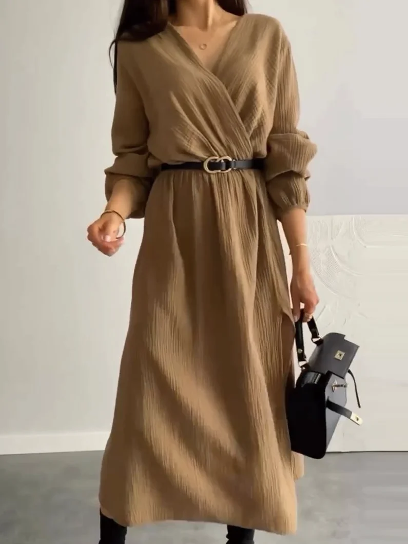 Damen Langarm Frühling/Herbst Unifarben Kleid V-Ausschnitt Täglich Ausgehen Lässig Midi H-Linie