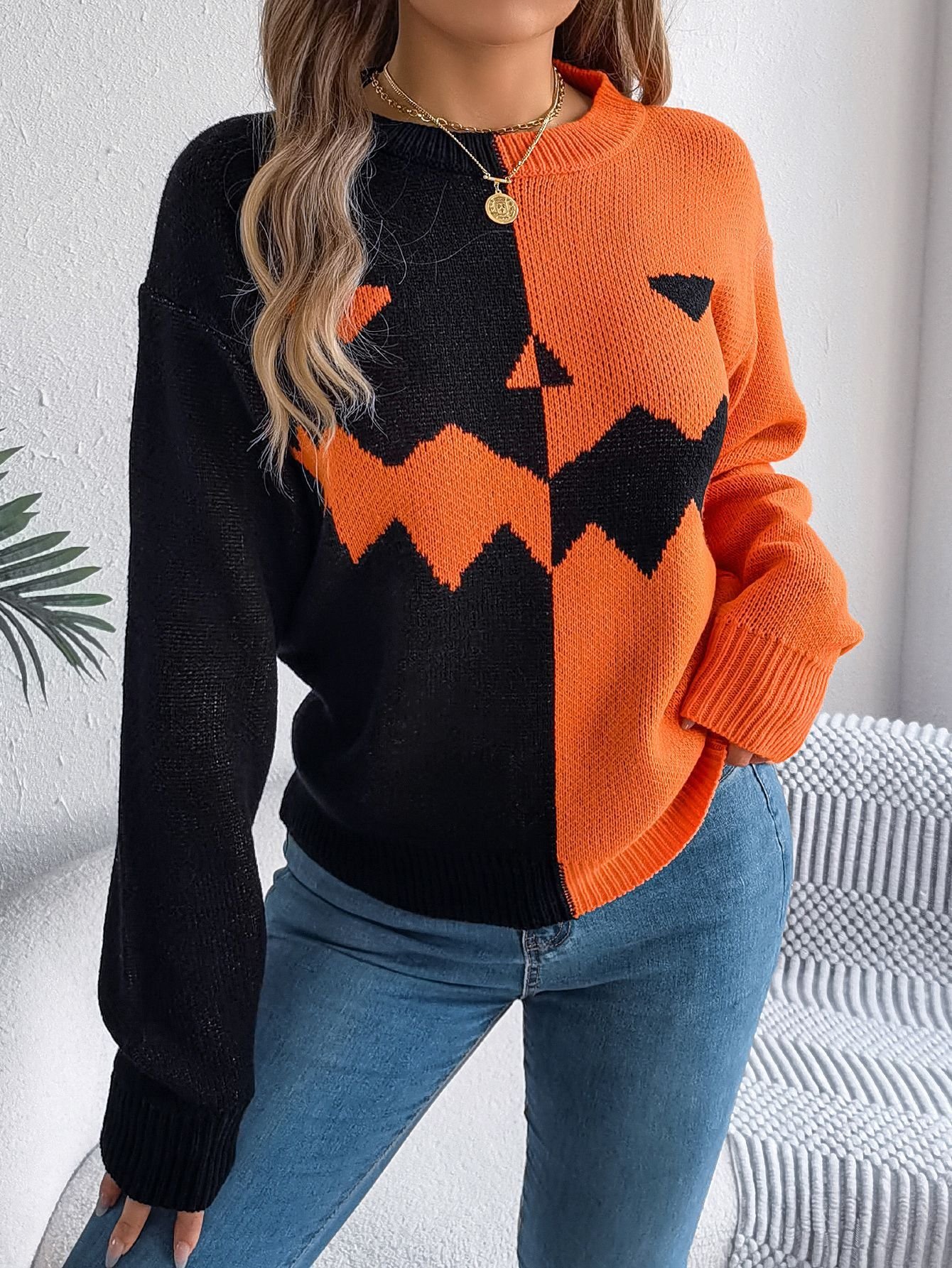 Damen Frühling/Herbst Halloween Lässig Langarm Rundhals Wolle/Stricken Pullover