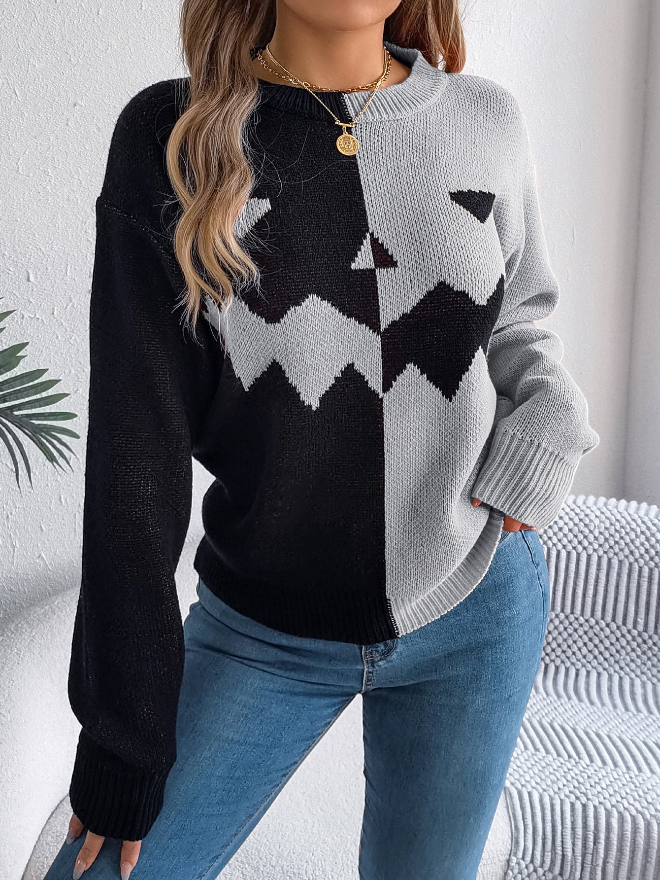 Damen Frühling/Herbst Halloween Lässig Langarm Rundhals Wolle/Stricken Pullover