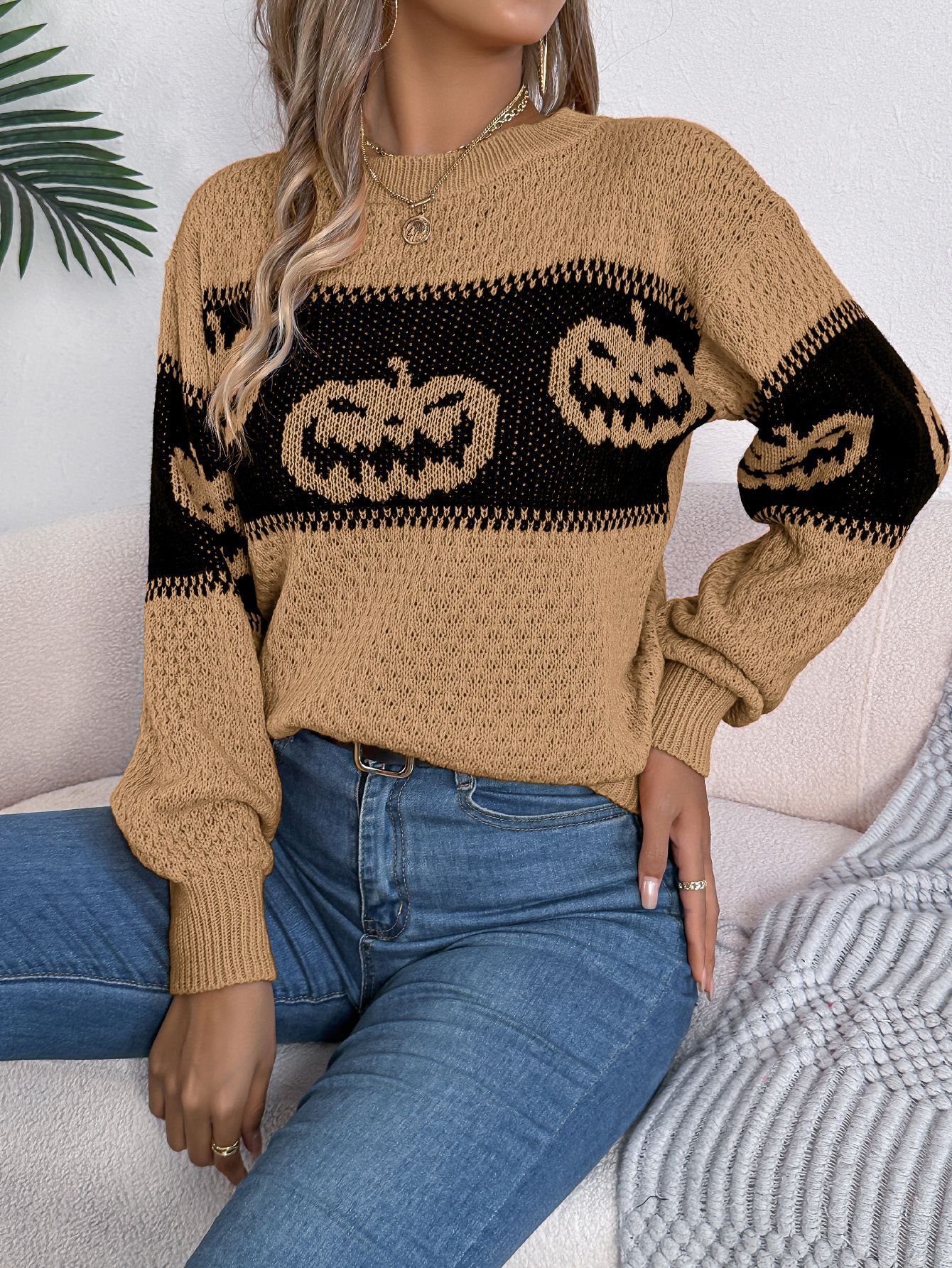 Damen Frühling/Herbst Halloween Lässig Langarm Rundhals Wolle/Stricken Pullover