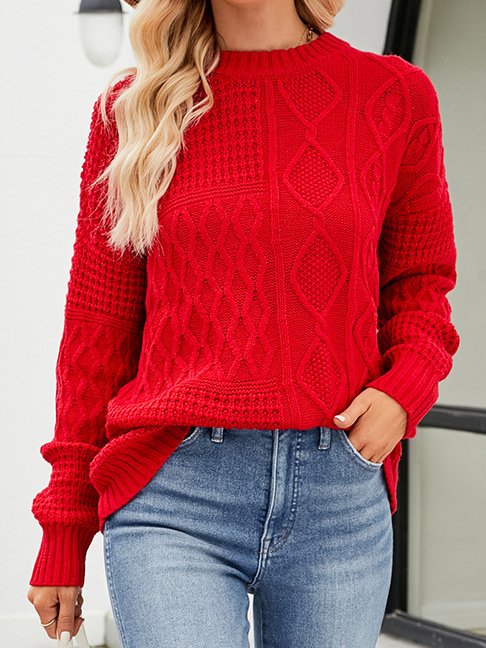 Damen Winter Unifarben Lässig Langarm Rundhals Garn/Wollgarn Pullover