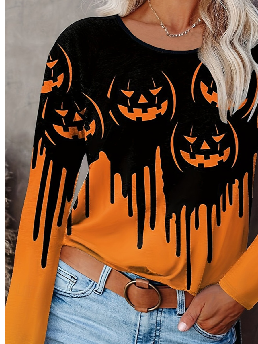 Damen Langarm T-Shirts T-Shirt Frühling/Herbst Halloween Print Jersey Rundhals Täglich Ausgehen Lässig Oberteile