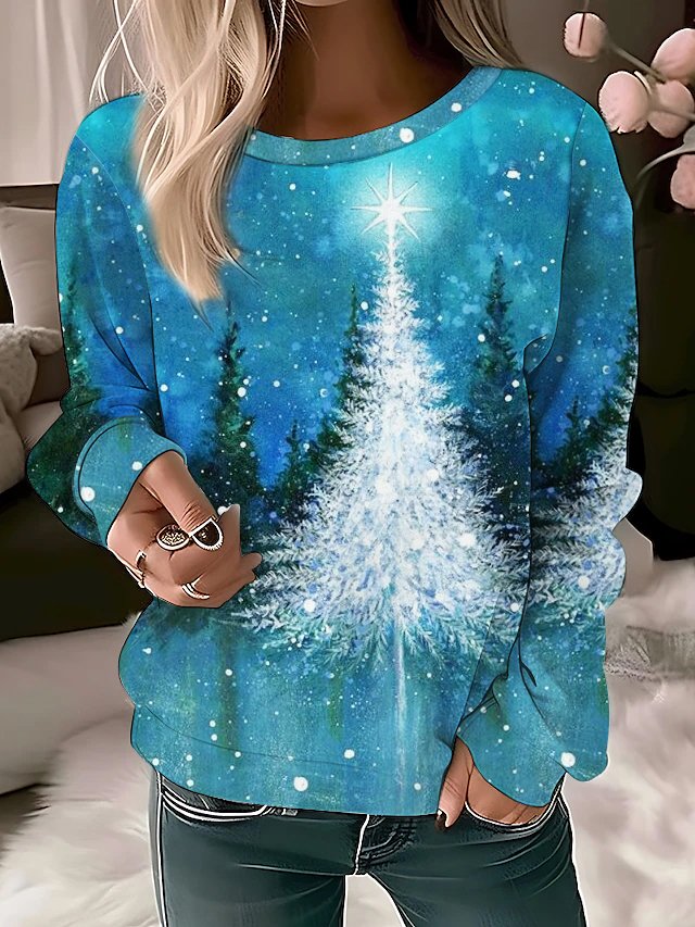 Damen Rundhals Weihnachtsbaum Print Lässig Frühling/Herbst Langarm Sweatshirt