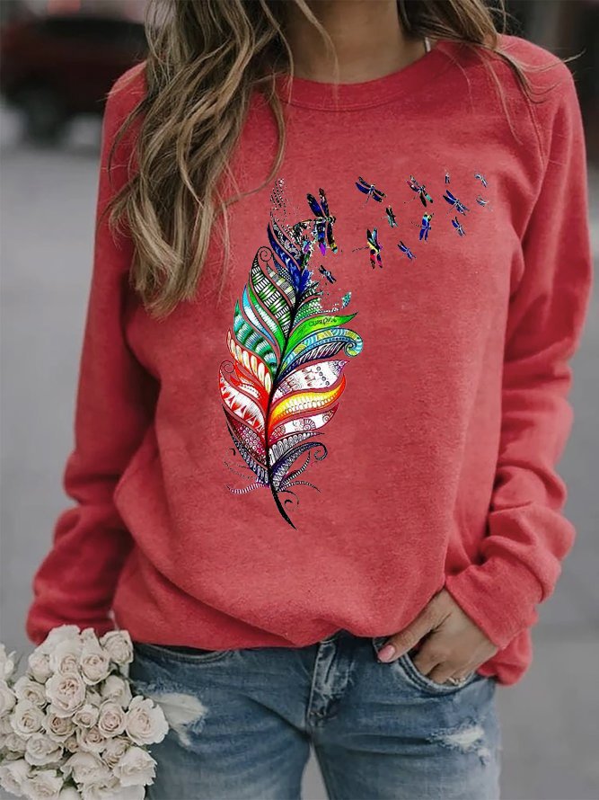 Damen Rundhals Libelle Lässig Frühling/Herbst Langarm Sweatshirt