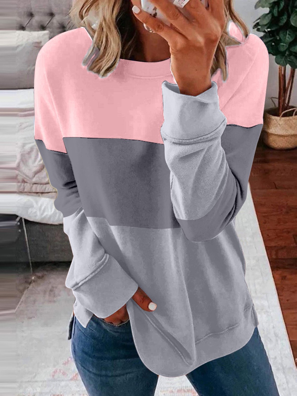 Damen Rundhals Farbblock Lässig Frühling/Herbst Langarm Sweatshirt