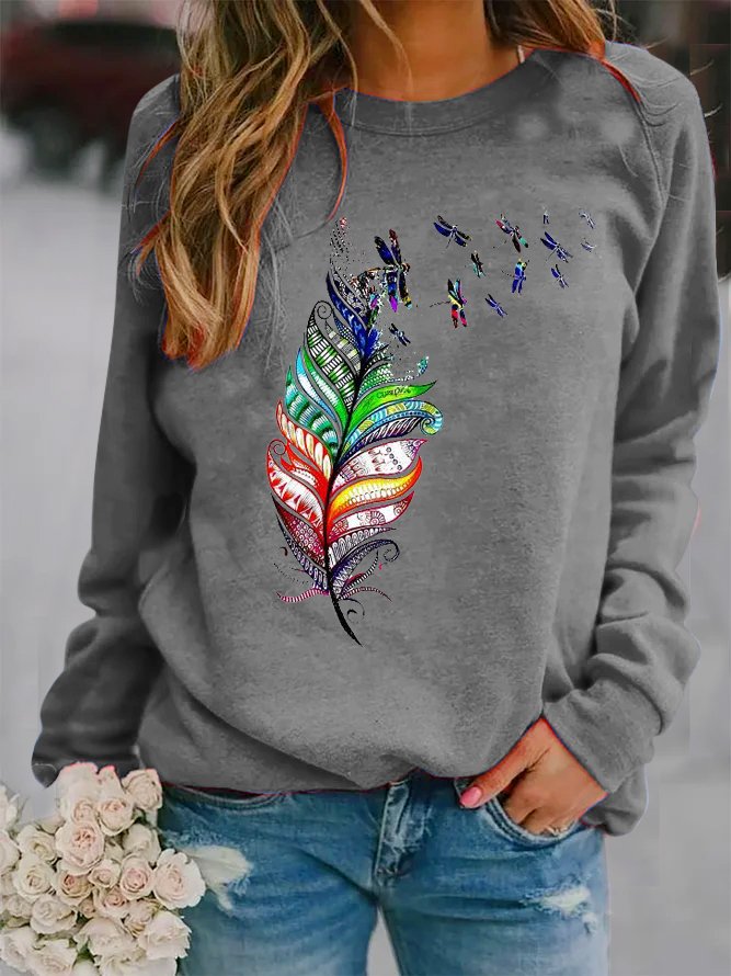 Damen Rundhals Libelle Lässig Frühling/Herbst Langarm Sweatshirt