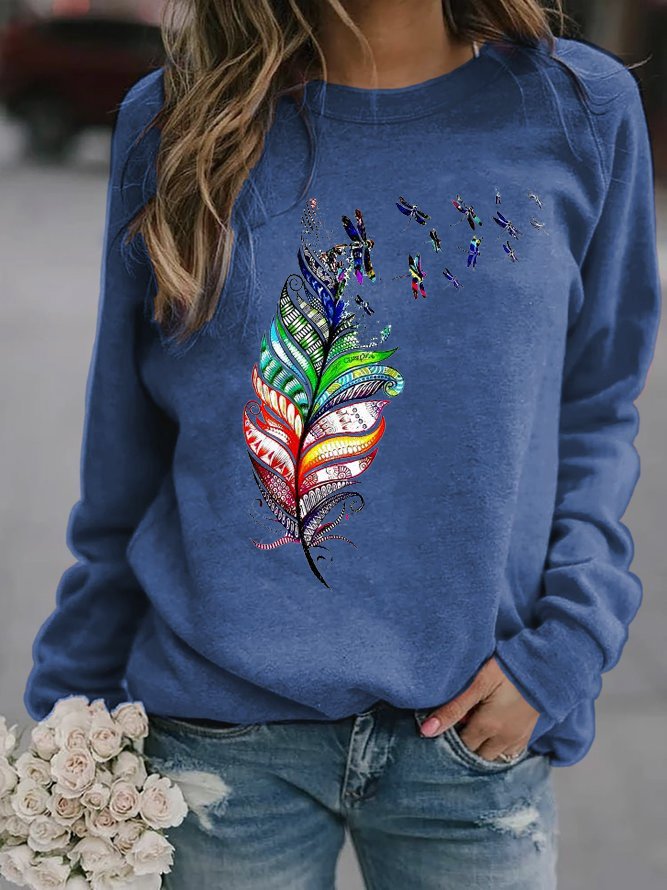 Damen Rundhals Libelle Lässig Frühling/Herbst Langarm Sweatshirt