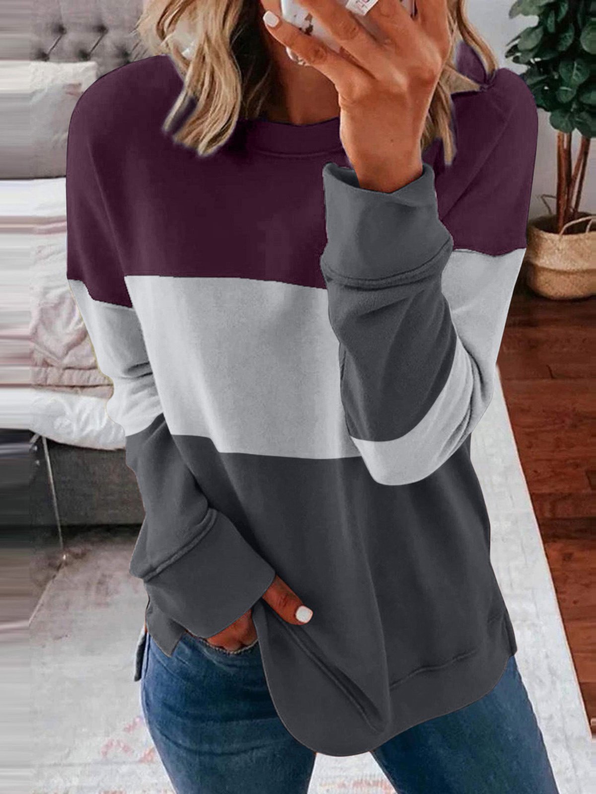 Damen Rundhals Farbblock Lässig Frühling/Herbst Langarm Sweatshirt