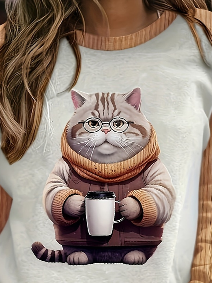 Damen Rundhals Katze Print Lässig Frühling/Herbst Langarm Sweatshirt