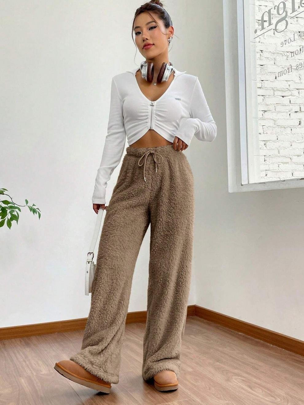 Damen Hose Täglich Ausgehen Lässig Fluff/Granular-Fleece-Stoff Unifarben Frühling/Herbst Hose