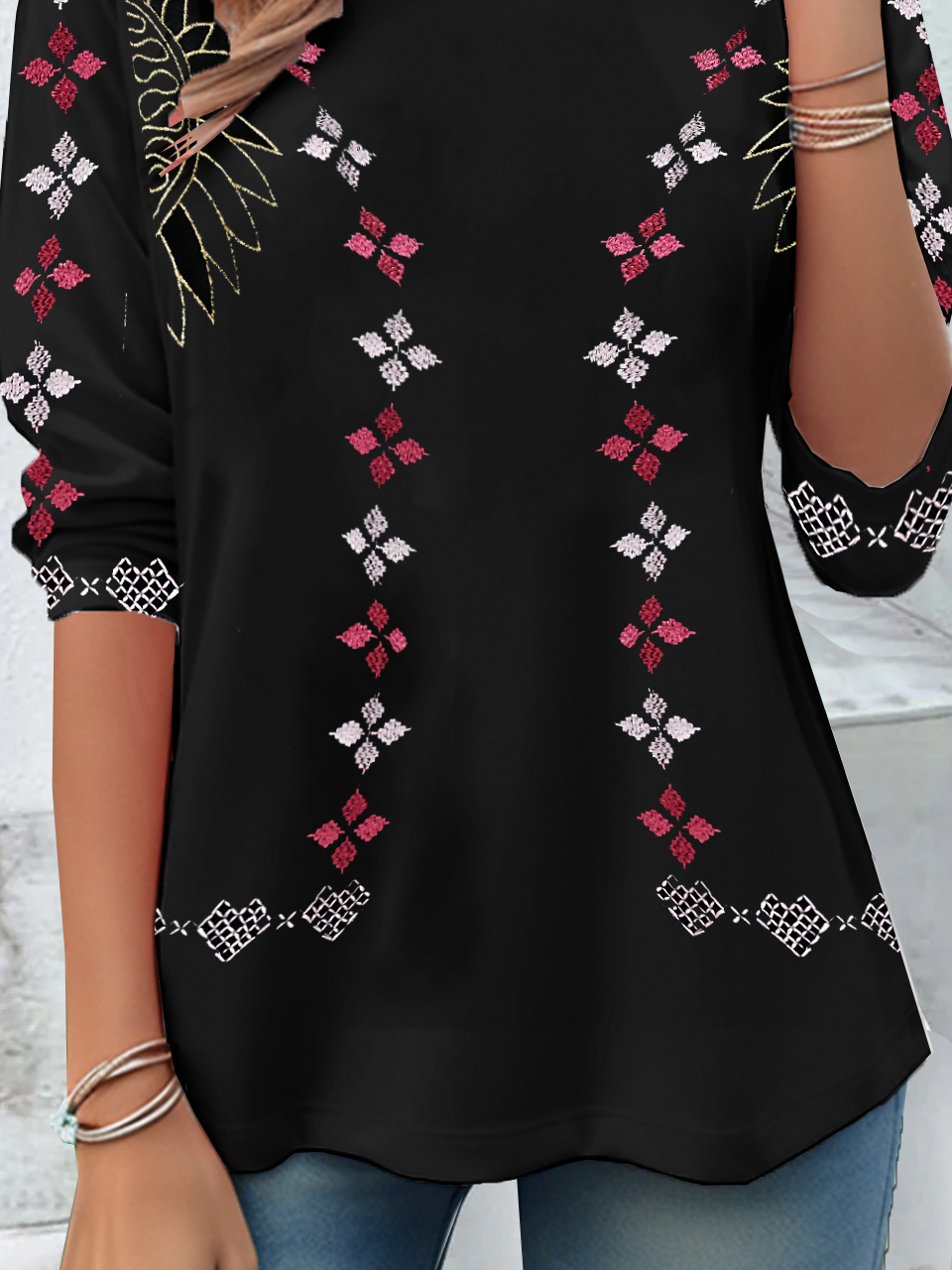 Damen Langarm T-Shirts T-Shirt Frühling/Herbst Ethnisch Geometrie Jersey Rundhals Täglich Ausgehen Retro Oberteile