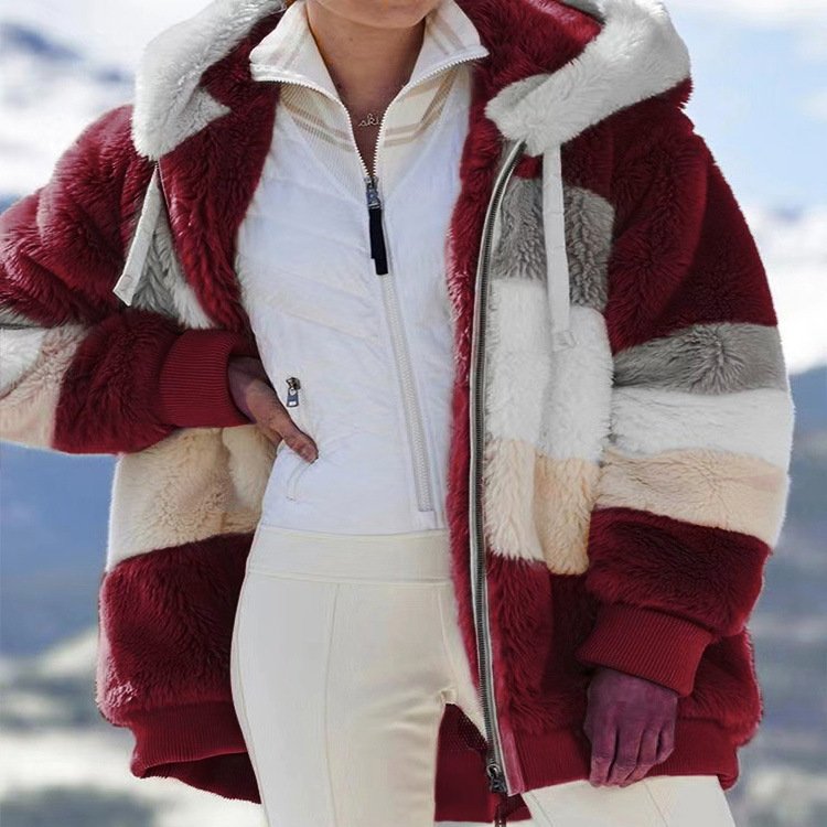 Damen Frühling/Herbst Oberbekleidung Lässig Fluff/Granular-Fleece-Stoff Farbblock Langarm Kapuze Jacke