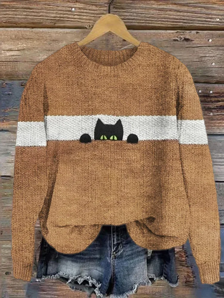 Damen Winter Katze Lässig Langarm Rundhals Strickpullover