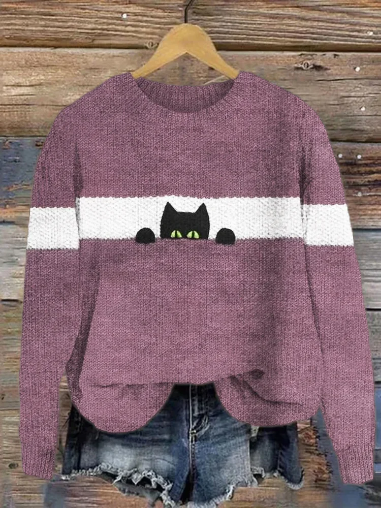 Damen Winter Katze Lässig Langarm Rundhals Strickpullover