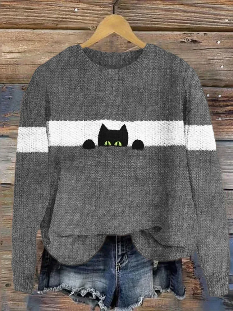 Damen Winter Katze Lässig Langarm Rundhals Strickpullover