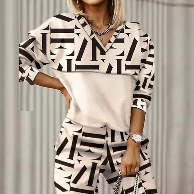 Damen Geometrisch Täglich Ausgehen Zwei Stücke Set Langarm Lässig Frühling/Herbst Bluse mit Hose Matching Set