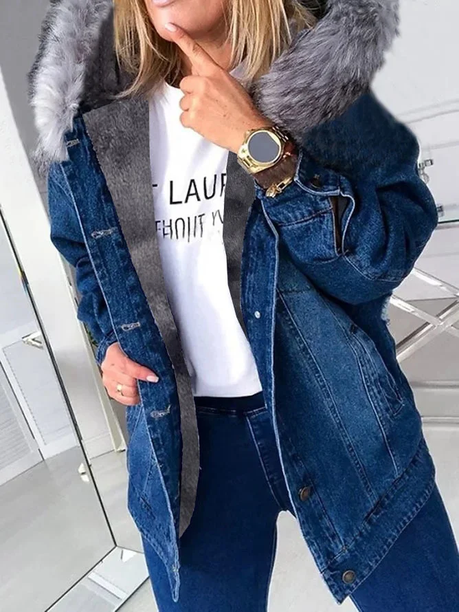 Damen Herbst Oberbekleidung Lässig Denim Unifarben Langarm Kapuze Jacke