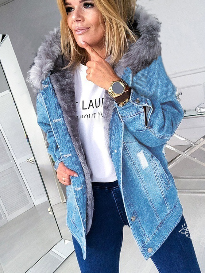 Damen Herbst Oberbekleidung Lässig Denim Unifarben Langarm Kapuze Jacke