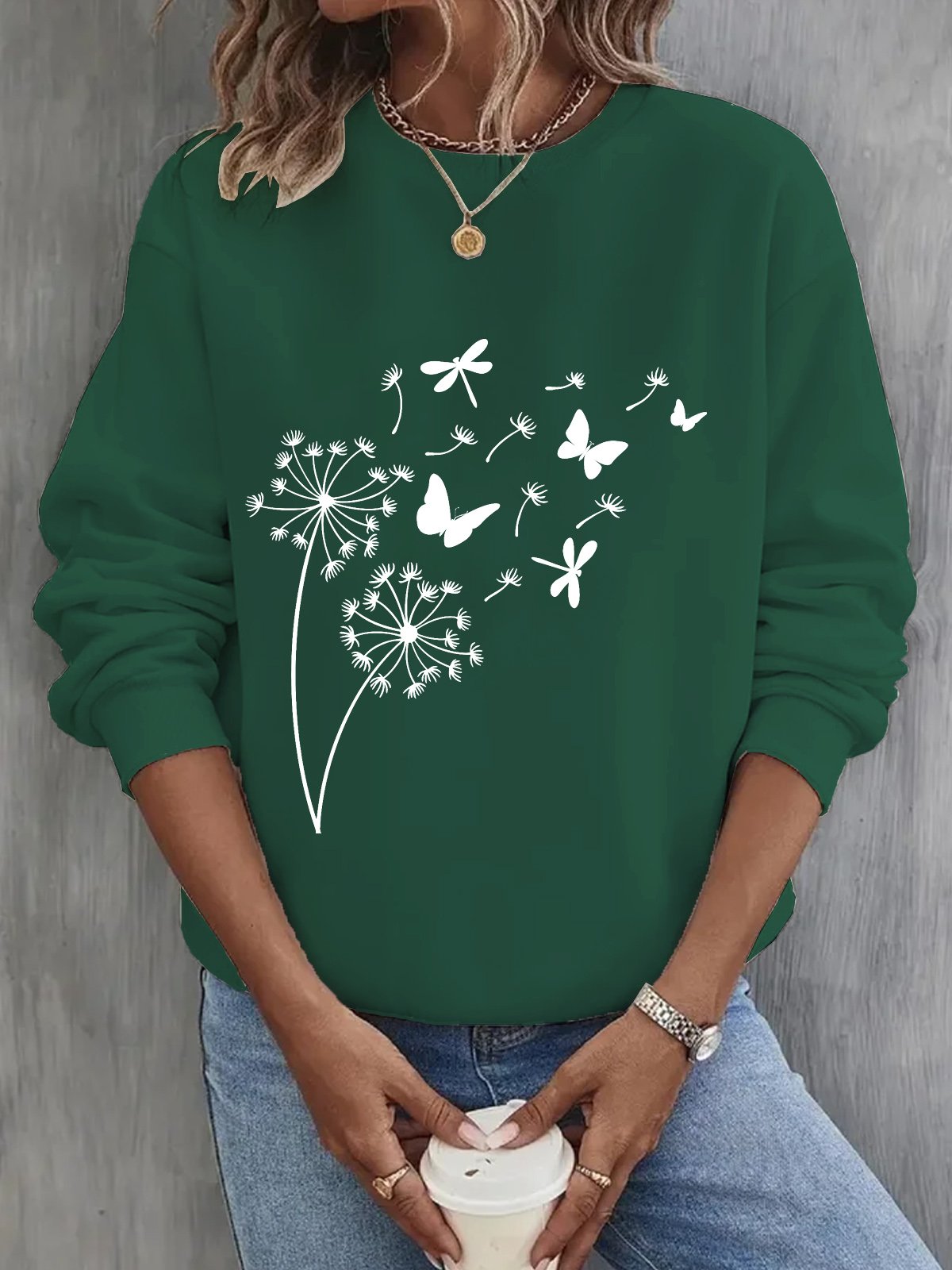 Damen Rundhals Löwenzahn Lässig Frühling/Herbst Baumwolle Langarm Sweatshirt