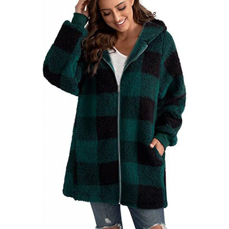 Damen Frühling/Herbst Oberbekleidung Lässig Fluff/Granular-Fleece-Stoff Reißverschluss Kariert Langarm Kapuze Jacke