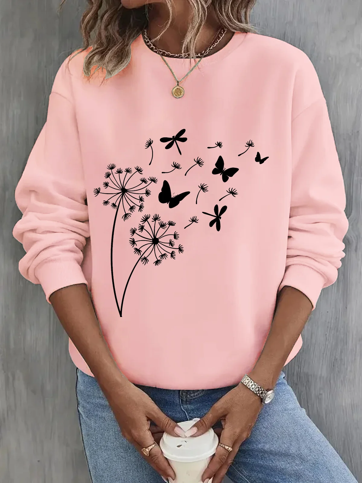 Damen Rundhals Löwenzahn Lässig Frühling/Herbst Baumwolle Langarm Sweatshirt