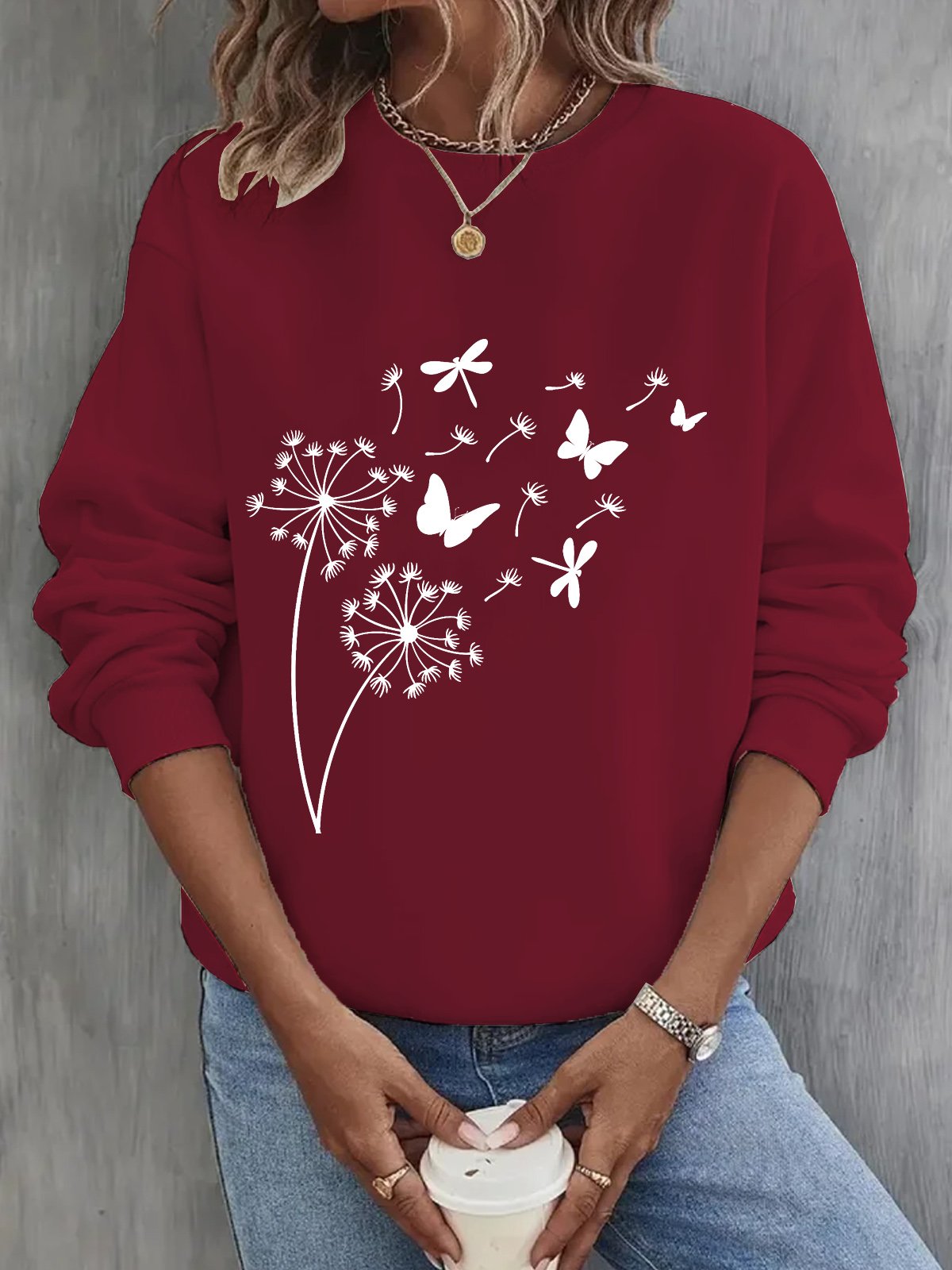 Damen Rundhals Löwenzahn Lässig Frühling/Herbst Baumwolle Langarm Sweatshirt