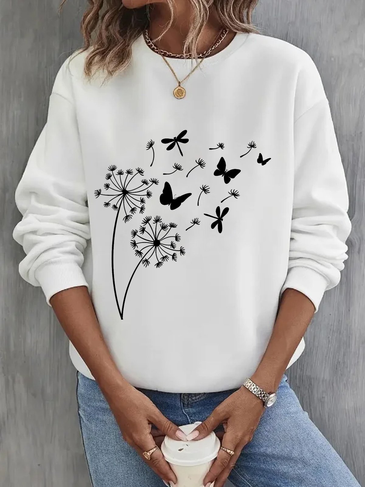 Damen Rundhals Löwenzahn Lässig Frühling/Herbst Baumwolle Langarm Sweatshirt