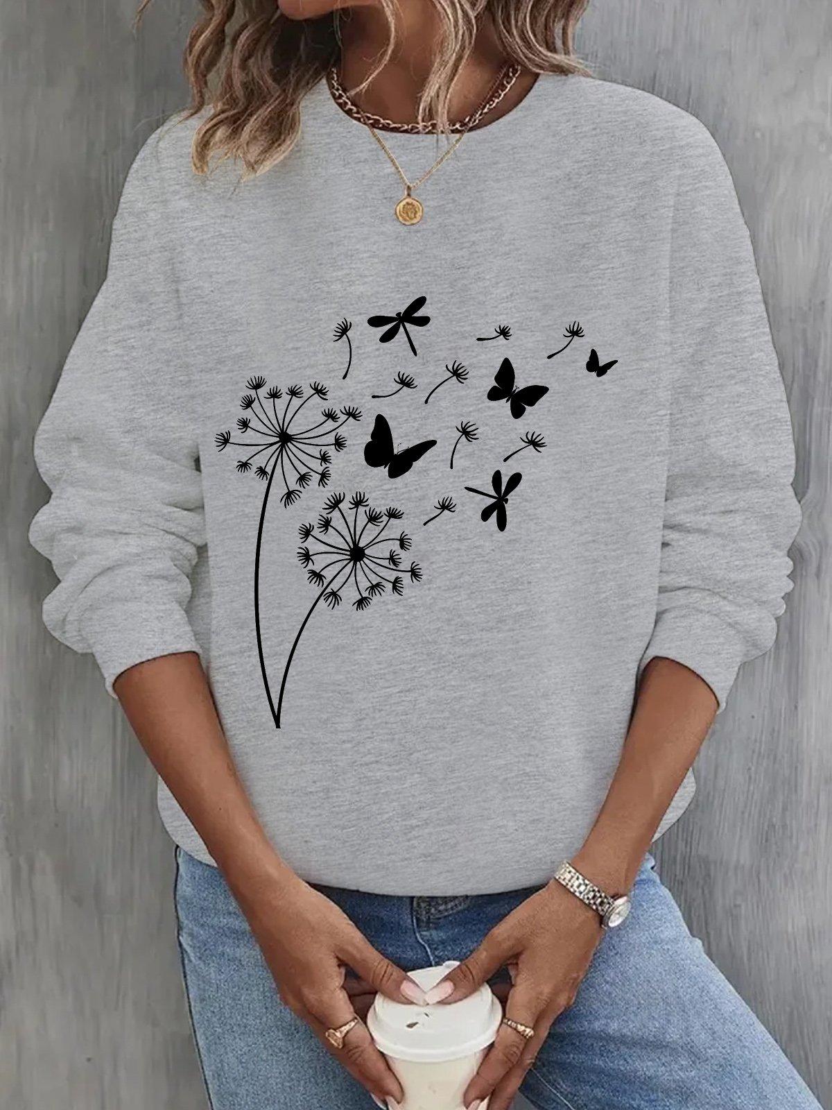 Damen Rundhals Löwenzahn Lässig Frühling/Herbst Baumwolle Langarm Sweatshirt