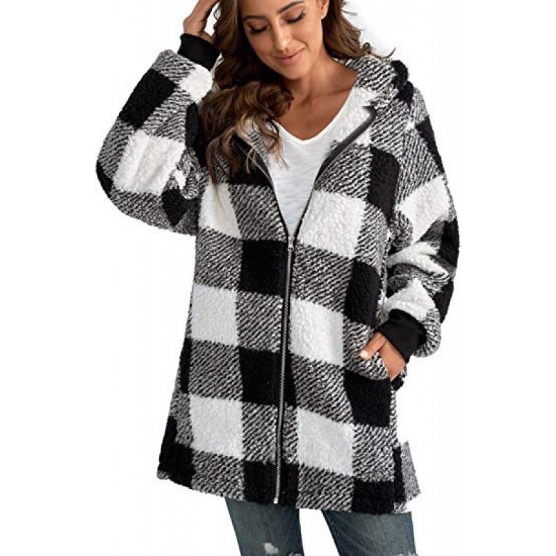 Damen Frühling/Herbst Oberbekleidung Lässig Fluff/Granular-Fleece-Stoff Reißverschluss Kariert Langarm Kapuze Jacke