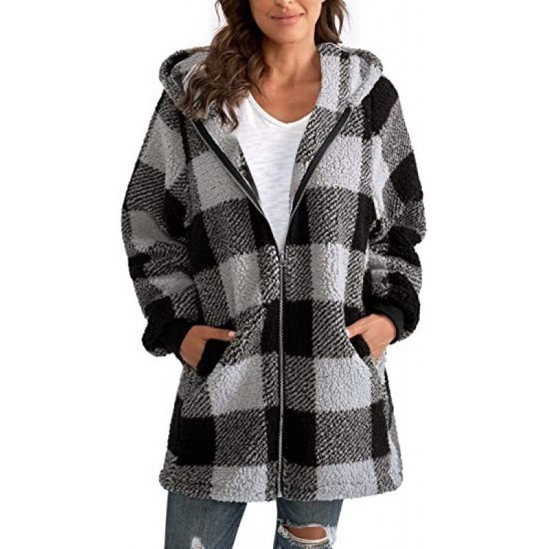 Damen Frühling/Herbst Oberbekleidung Lässig Fluff/Granular-Fleece-Stoff Reißverschluss Kariert Langarm Kapuze Jacke