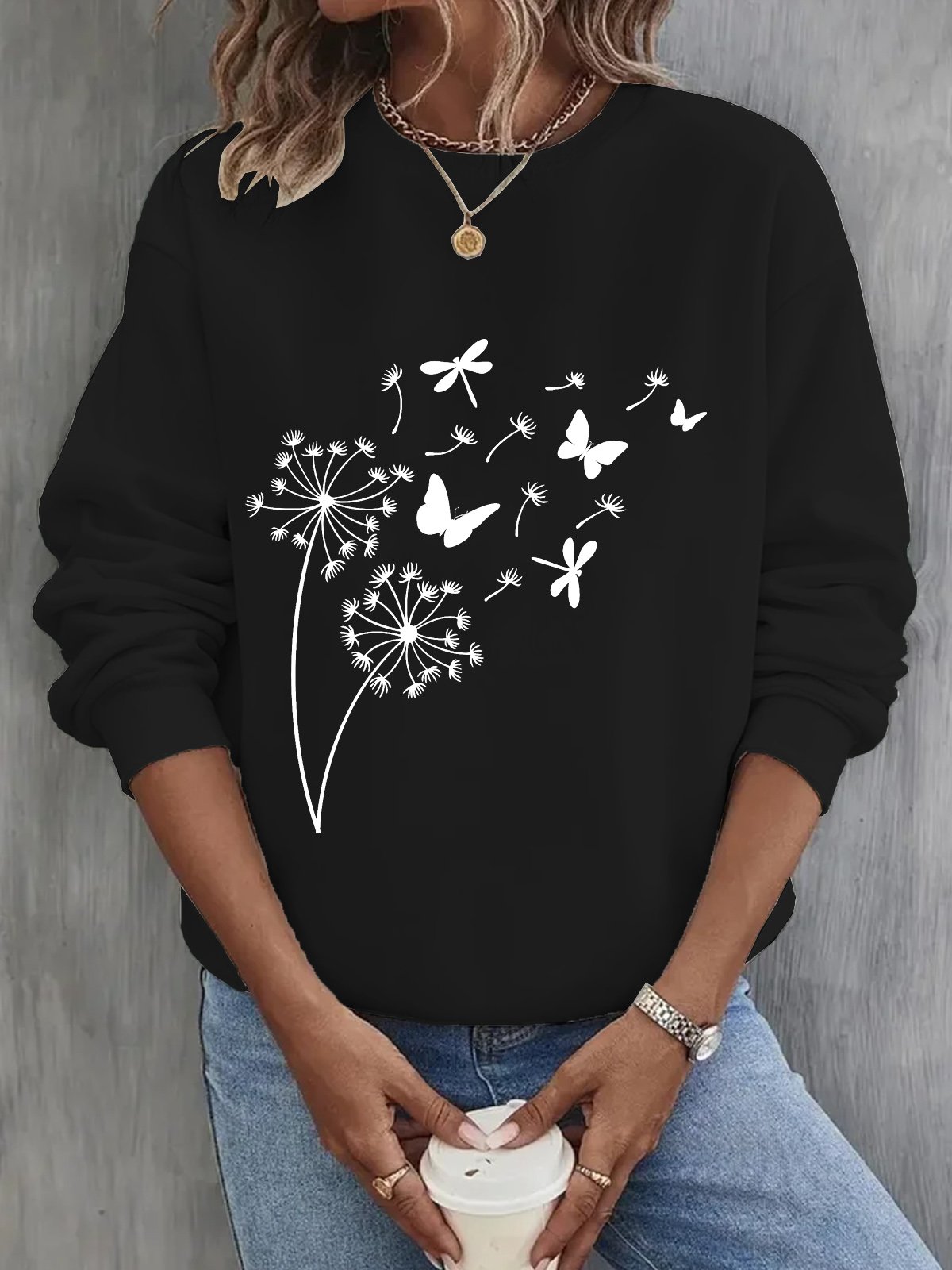 Damen Rundhals Löwenzahn Lässig Frühling/Herbst Baumwolle Langarm Sweatshirt