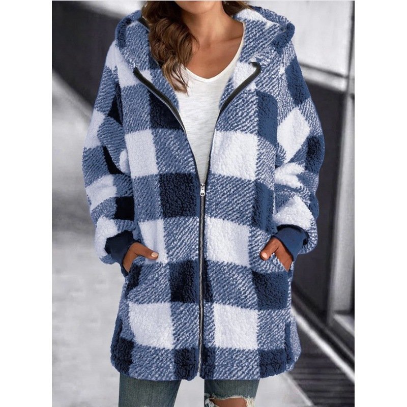 Damen Frühling/Herbst Oberbekleidung Lässig Fluff/Granular-Fleece-Stoff Reißverschluss Kariert Langarm Kapuze Jacke