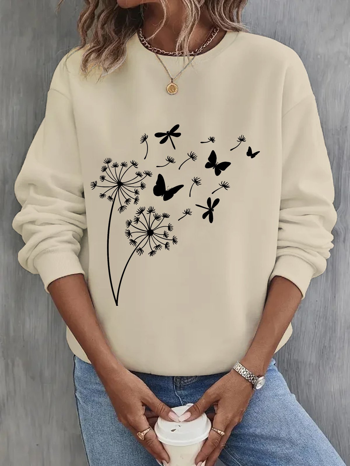 Damen Rundhals Löwenzahn Lässig Frühling/Herbst Baumwolle Langarm Sweatshirt