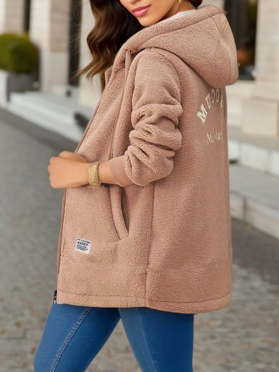 Damen Frühling/Herbst Oberbekleidung Lässig Fluff/Granular-Fleece-Stoff Unifarben Langarm Kapuze Jacke