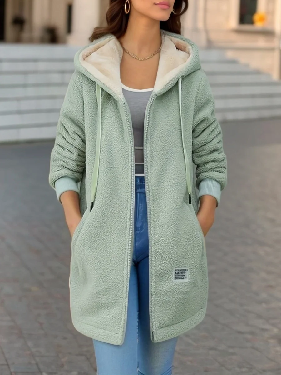 Damen Frühling/Herbst Oberbekleidung Lässig Fluff/Granular-Fleece-Stoff Unifarben Langarm Kapuze Jacke