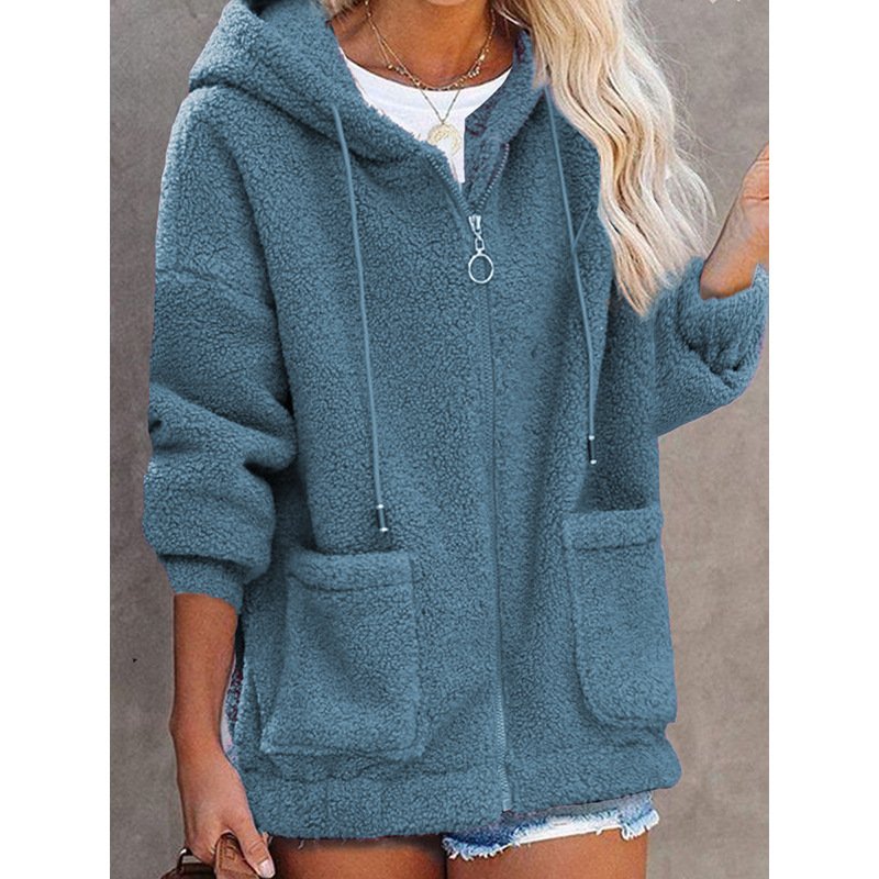 Damen Frühling/Herbst Oberbekleidung Lässig Fluff/Granular-Fleece-Stoff Unifarben Langarm Kapuze Jacke