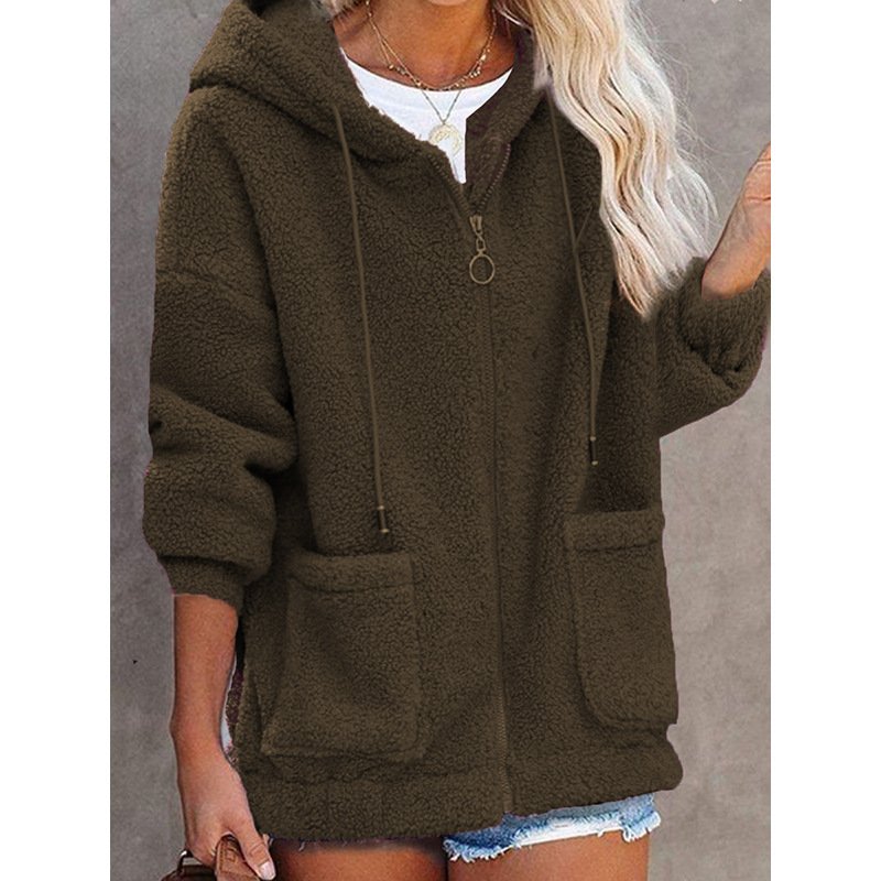 Damen Frühling/Herbst Oberbekleidung Lässig Fluff/Granular-Fleece-Stoff Unifarben Langarm Kapuze Jacke