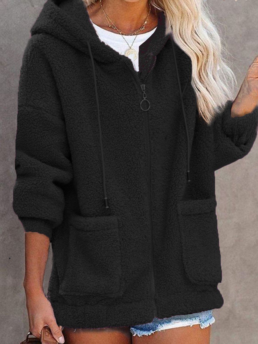 Damen Frühling/Herbst Oberbekleidung Lässig Fluff/Granular-Fleece-Stoff Unifarben Langarm Kapuze Jacke