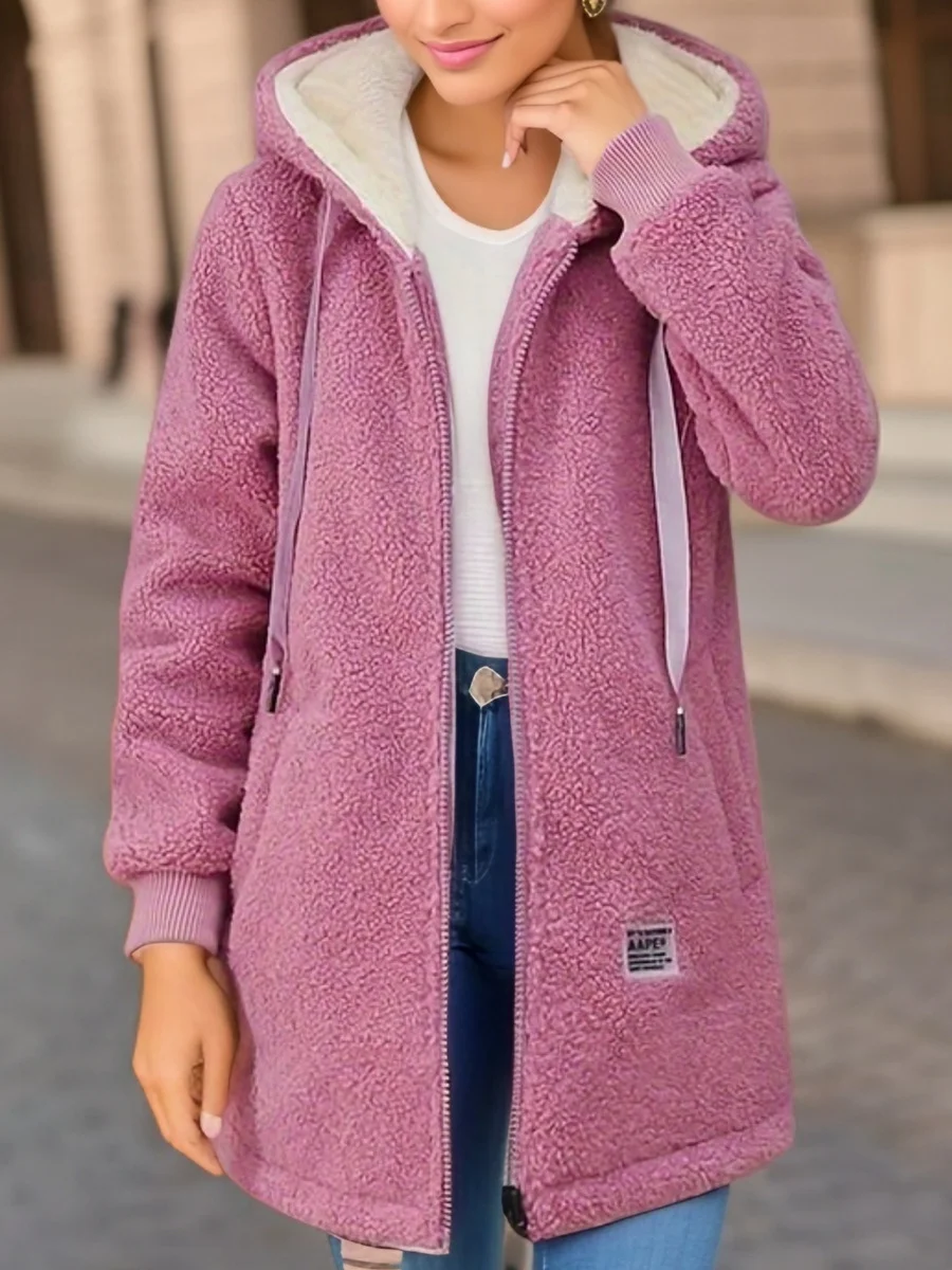 Damen Frühling/Herbst Oberbekleidung Lässig Fluff/Granular-Fleece-Stoff Unifarben Langarm Kapuze Jacke