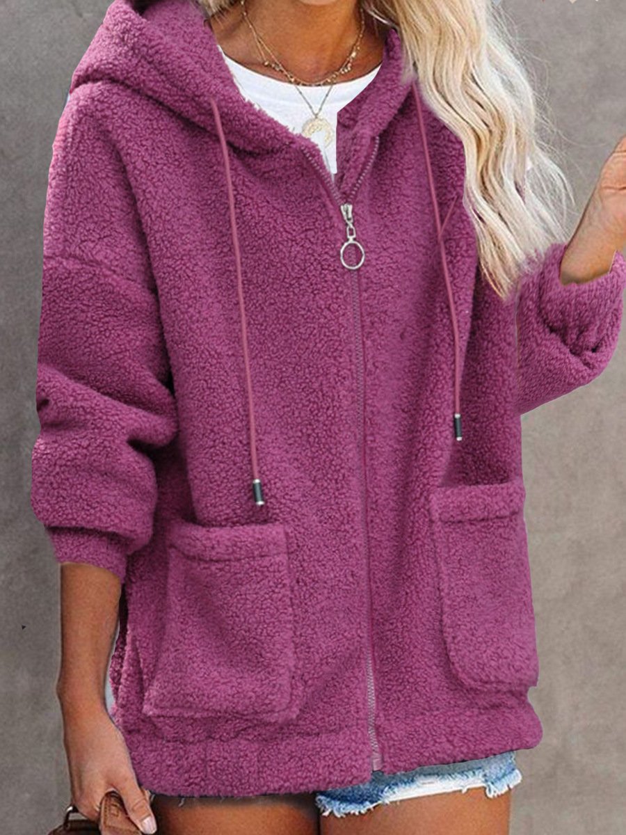 Damen Frühling/Herbst Oberbekleidung Lässig Fluff/Granular-Fleece-Stoff Unifarben Langarm Kapuze Jacke