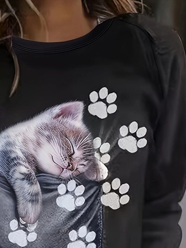 Damen Rundhals Katze Print Lässig Frühling/Herbst Langarm Sweatshirt