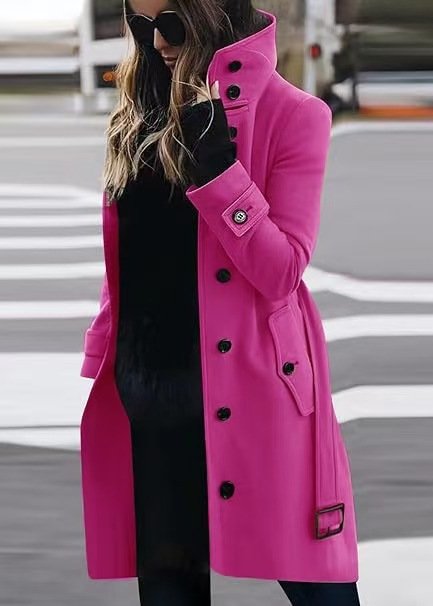 Winter Jacken Damen Mittellang Stehkragen Mantel Lässig Unifarben Schnalle Weit Langarm Bomberjacke