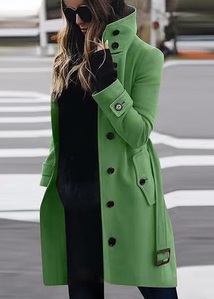 Winter Jacken Damen Mittellang Stehkragen Mantel Lässig Unifarben Schnalle Weit Langarm Bomberjacke