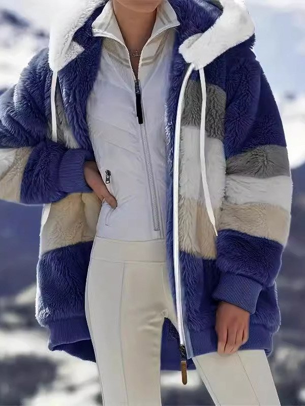 Damen Herbst Oberbekleidung Lässig Fluff/Granular-Fleece-Stoff Kontrastnaht Langarm Kapuze Jacke