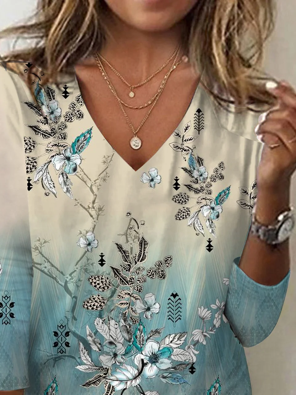 Damen Langarm T-Shirts T-Shirt Frühling/Herbst Geblümt Jersey V-Ausschnitt Täglich Ausgehen Lässig Oberteile