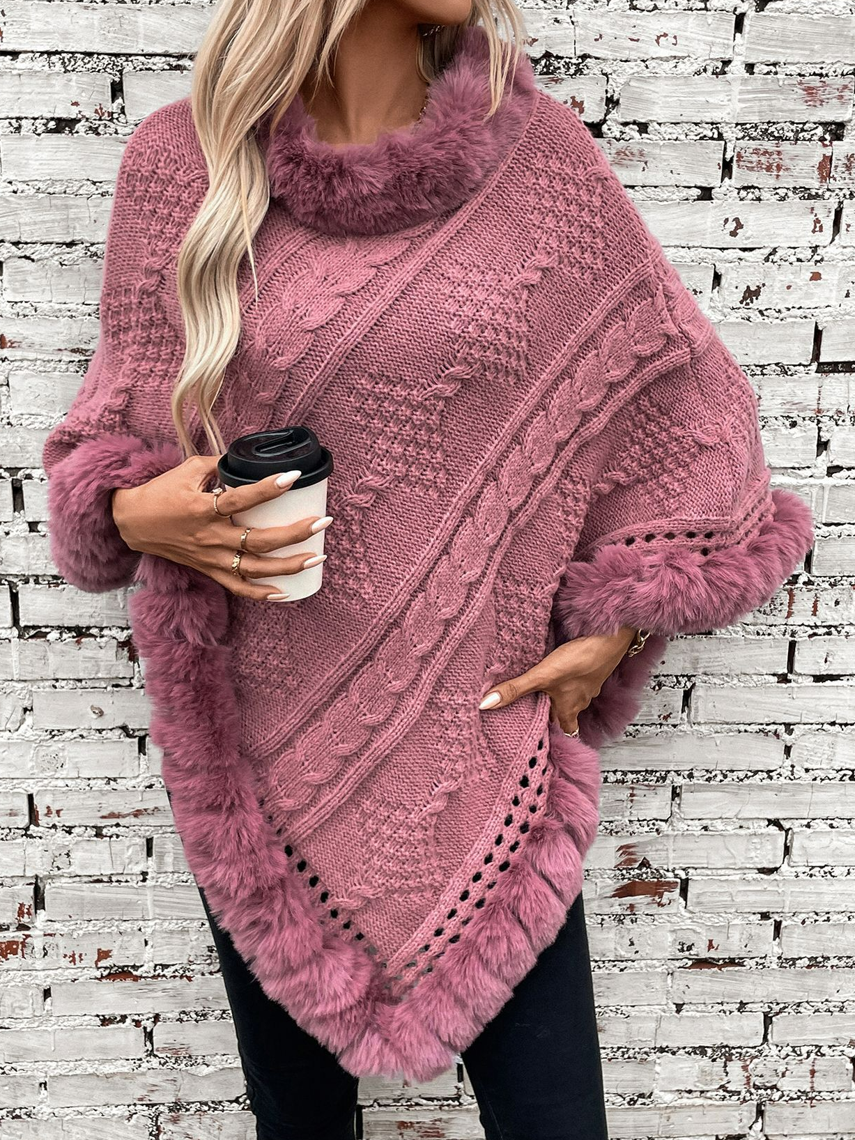 Damen Frühling/Herbst Oberbekleidung Elegant Pelz Ausschnitt Unifarben Rundhals Cape Mantel