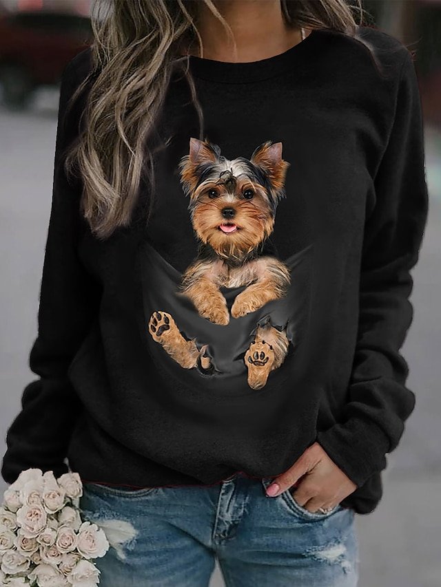 Damen Rundhals Hund Print Lässig Frühling/Herbst Langarm Sweatshirt