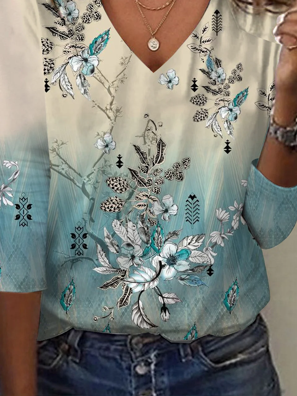 Damen Langarm T-Shirts T-Shirt Frühling/Herbst Geblümt Jersey V-Ausschnitt Täglich Ausgehen Lässig Oberteile