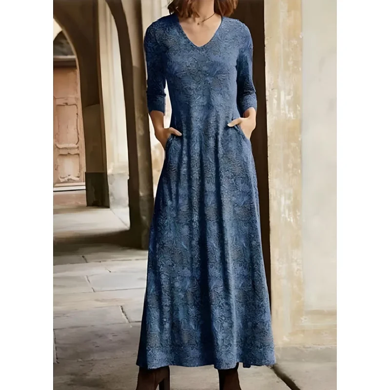 Damen Langarm Frühling/Herbst Geblümt Jersey Kleid V-Ausschnitt Täglich Ausgehen Lässig Maxikleid H-Linie